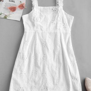 White Frilled Trim Eyelet Mini Summer Dress